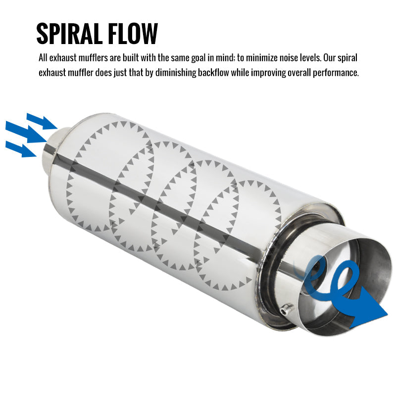 Universal 2.5" Inlet/4" Outlet Stainless Steel Spiral Flow Exhaust Muffler w/ Slanted Tip
