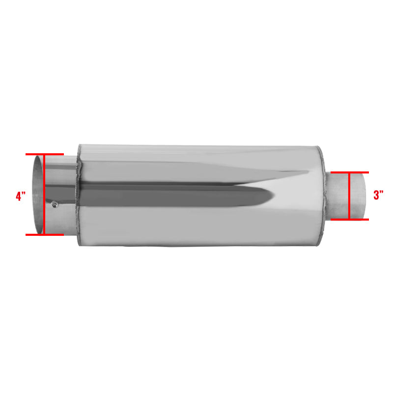 Universal 3" Inlet/4" Outlet Stainless Steel Spiral Flow Exhaust Muffler w/ Slanted Tip
