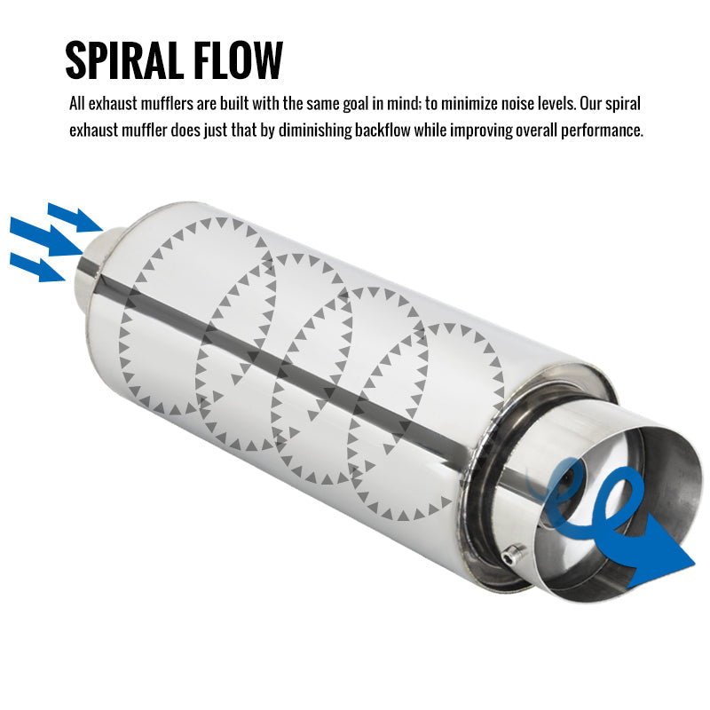 Universal 3" Inlet/4" Outlet Stainless Steel Spiral Flow Exhaust Muffler w/ Slanted Tip