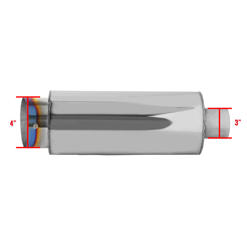 Universal 3" Inlet/4" Outlet Stainless Steel Spiral Flow Exhaust Muffler w/ Slanted Burnt Tip