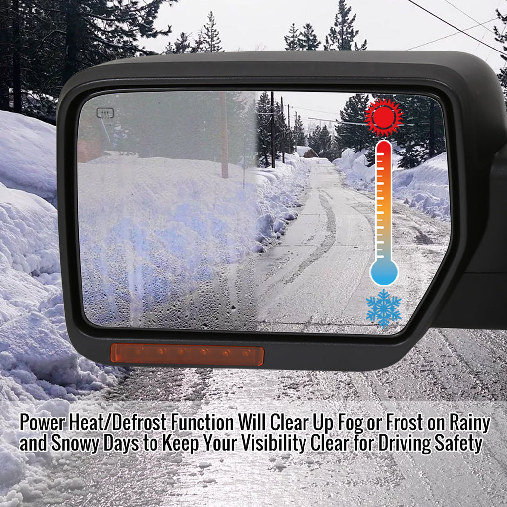 2007-2014 Ford F-150 Black Power Adjustable & Heated Side Mirror w/ LED Amber Turn Signal & Puddle Light - Driver Side Only
