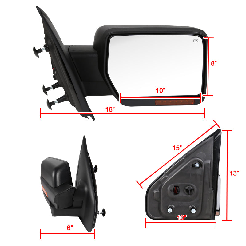2007-2014 Ford F-150 Black Power Adjustable & Heated Side Mirror w/ LED Amber Turn Signal & Puddle Light - Passenger Side Only