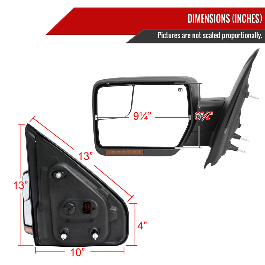 2007-2014 Ford F150 Black Power Adjustable & Heated Side Mirrors w/ LED Turn Signal and Puddle Light - Pair