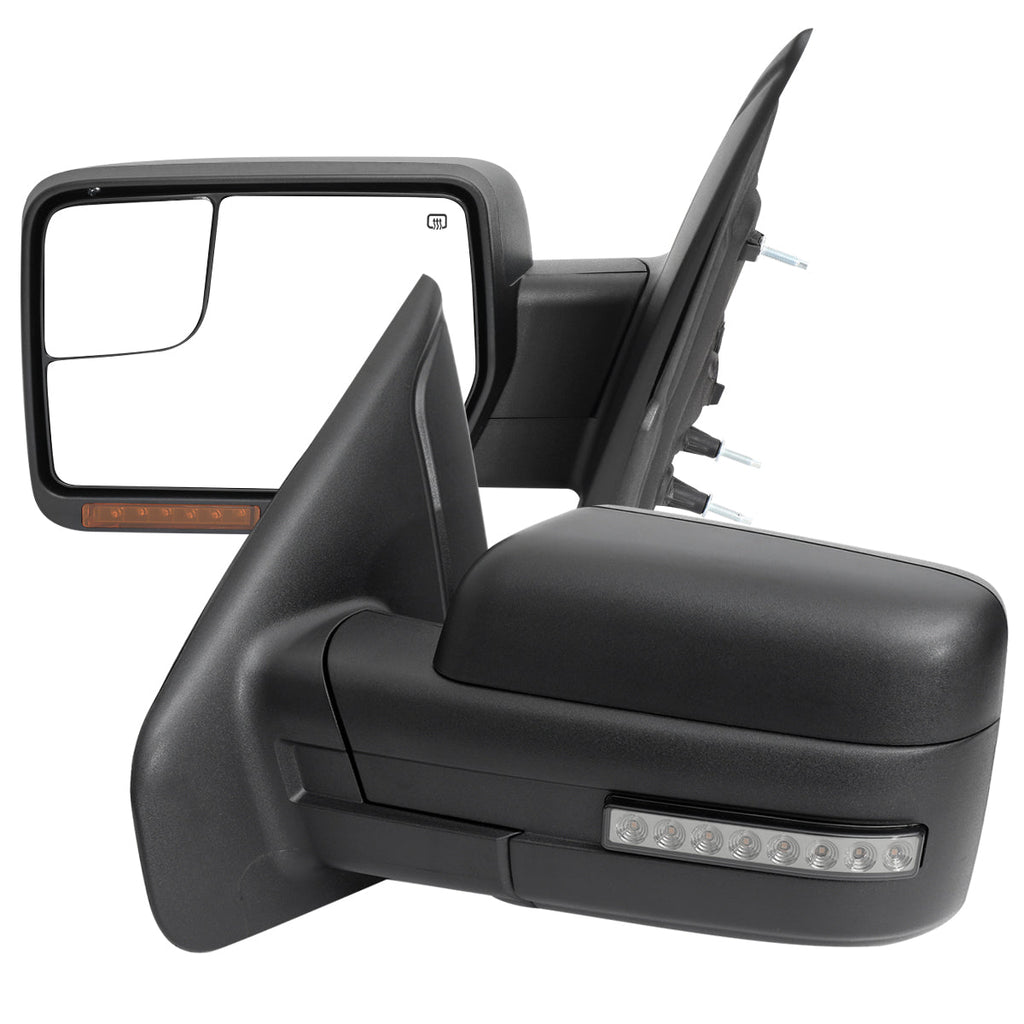 2007-2014 Ford F150 Black Power Adjustable & Heated Side Mirrors w/ LED Turn Signal and Puddle Light - Pair