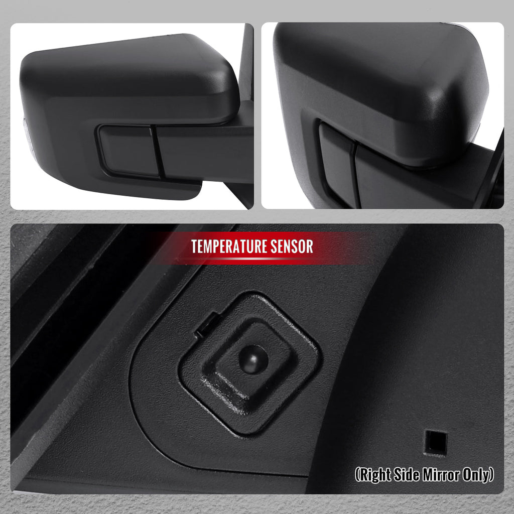 2021-2025 Ford F-150 Black Power Adjustable, Manual Fold, BSD & Heated Side Mirror w/ LED DRL Turn Signal Light Temperature Sensor - Passenger Side Only