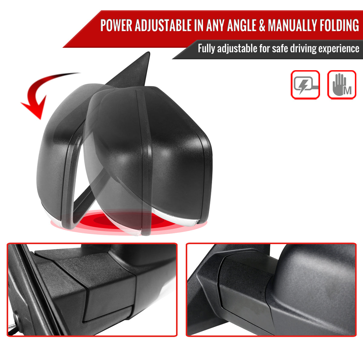 2013-2019 Dodge RAM Black Power Adjustable, Auto-Fold, & Heated Side Mirror w/ LED Turn Signal & Puddle Light - Driver Side Only