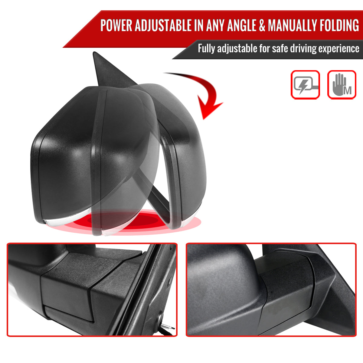 2013-2019 Dodge RAM Black Power Adjustable, Auto-Fold, & Heated Side Mirror w/ LED Turn Signal & Puddle Light - Passenger Side Only