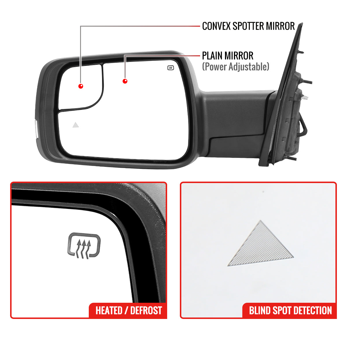 2019-2024 Dodge RAM 1500 Black Power Adjustable, Manual Fold, BSD & Heated Side Mirror w/ LED Puddle and Turn Signal Light - Driver Side Only