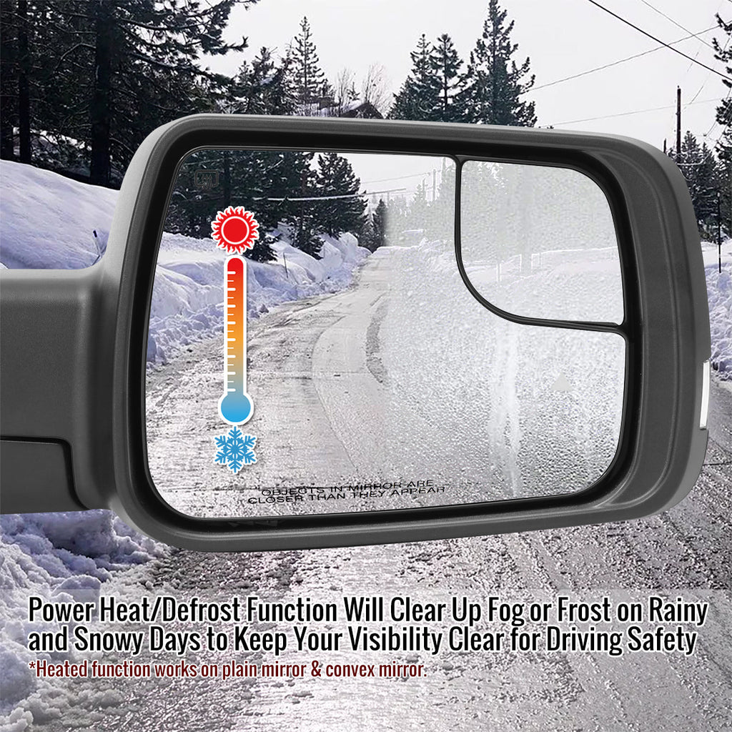 2019-2024 Dodge RAM 1500 Black Power Adjustable, Manual Fold, BSD & Heated Side Mirror w/ LED Puddle and Turn Signal Light - Passenger Side Only