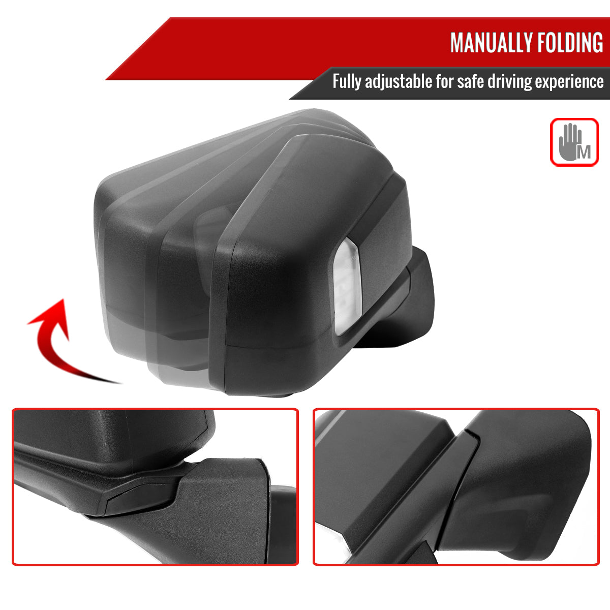 2019-2026 GMC Sierra 1500 Black Power Adjustable, Manual Fold, BSD & Heated Side Mirror w/ LED Puddle and Auxiliary Light - Passenger Side Only