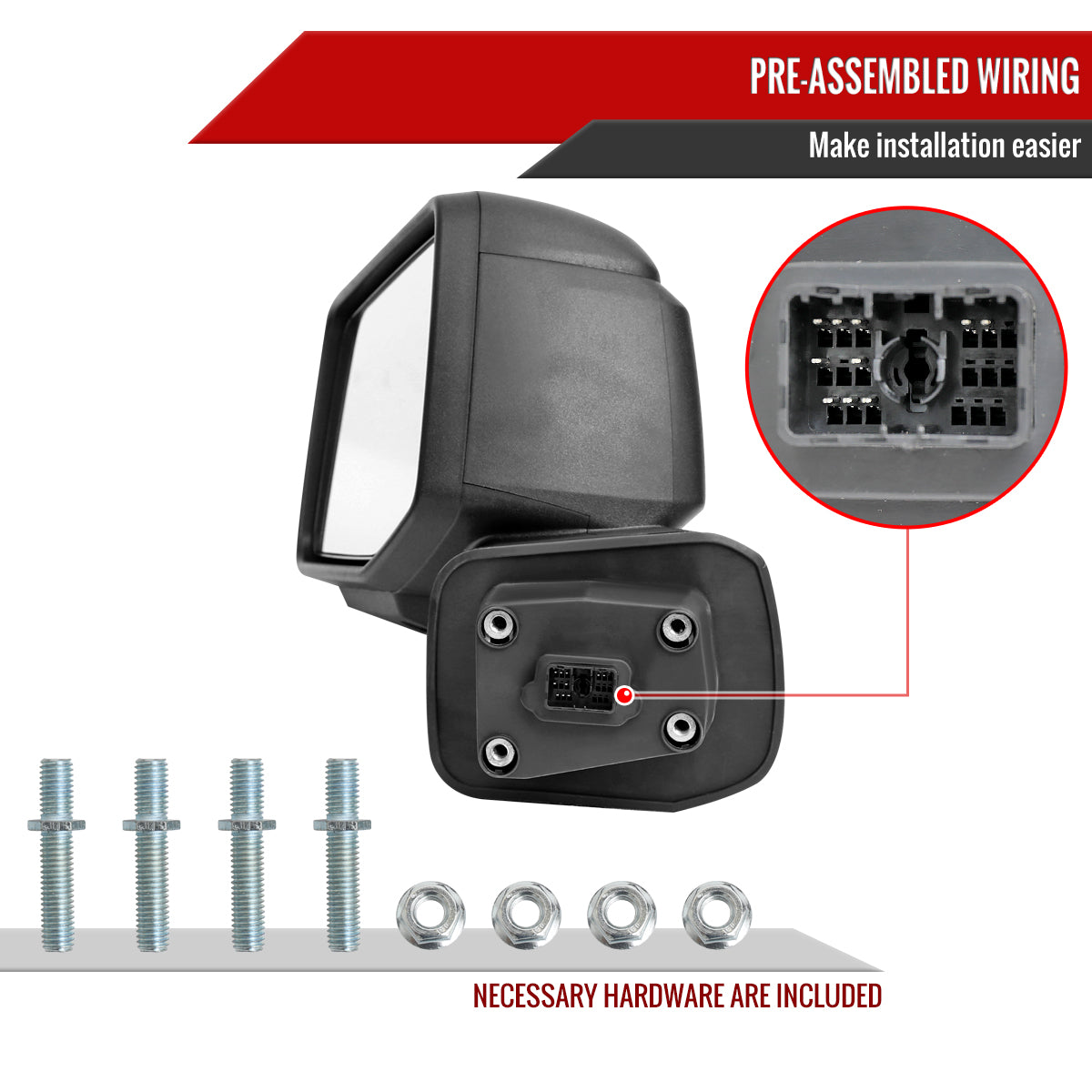 2019-2026 GMC Sierra 1500 Black Power Adjustable, Auto-Fold, BSD & Heated Side Mirror w/ LED Puddle and Auxiliary Light - Driver Side Only