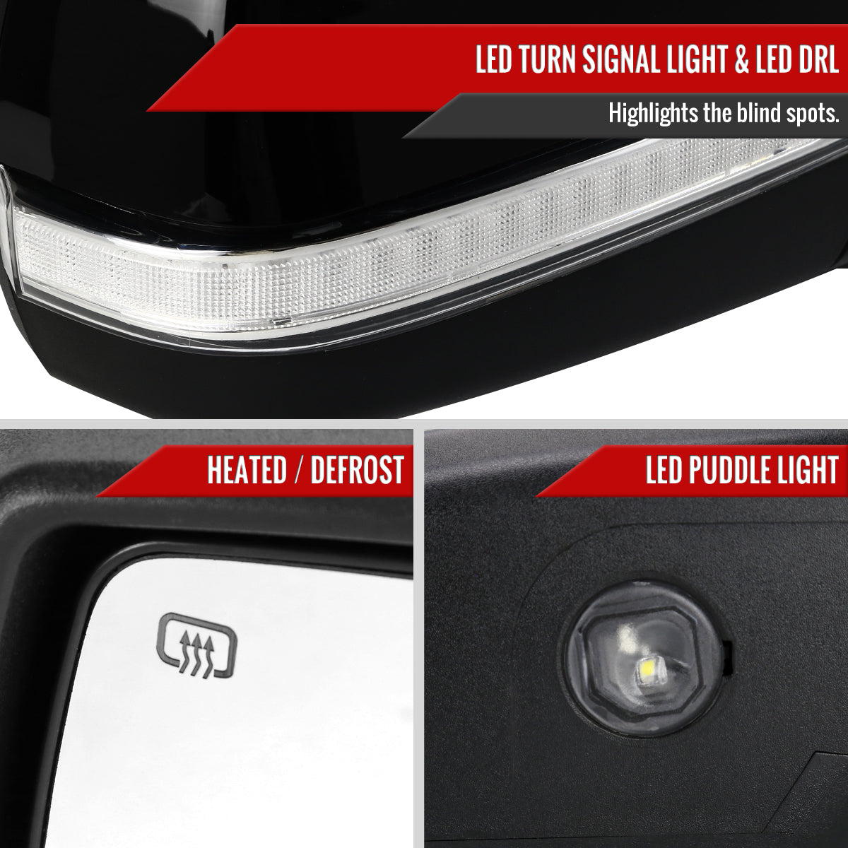 2014-2018 Chevrolet Silverado/GMC Sierra Glossy Black Power Adjustable, Auto-Fold, & Heated Side Mirror w/ LED Turn Signal & Puddle Light - Passenger Side Only