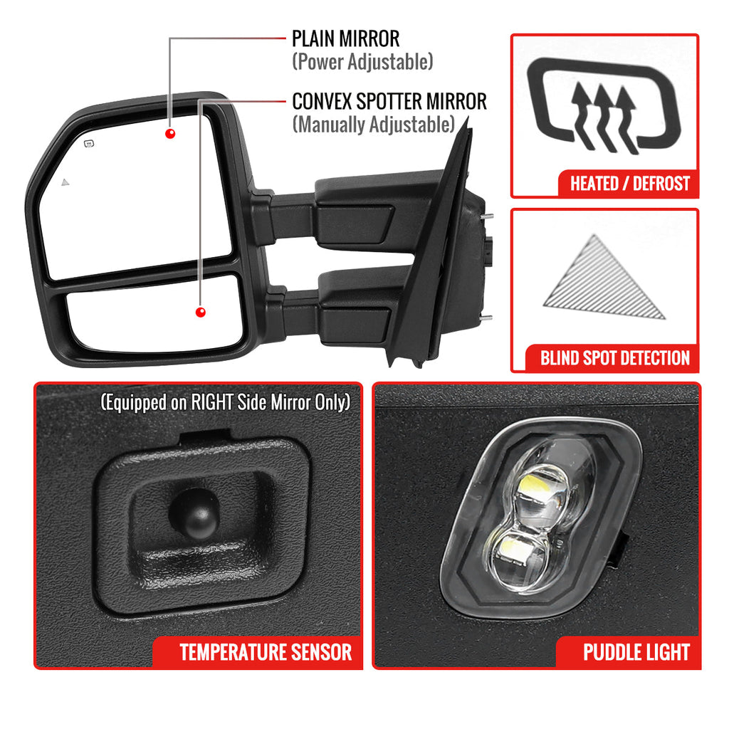 2021-2025 Ford F150 F250 Power Adjustable, Heated, & Manual Extendable Towing Mirrors w/ Smoked Lens LED Turn Signal & Puddle Lights