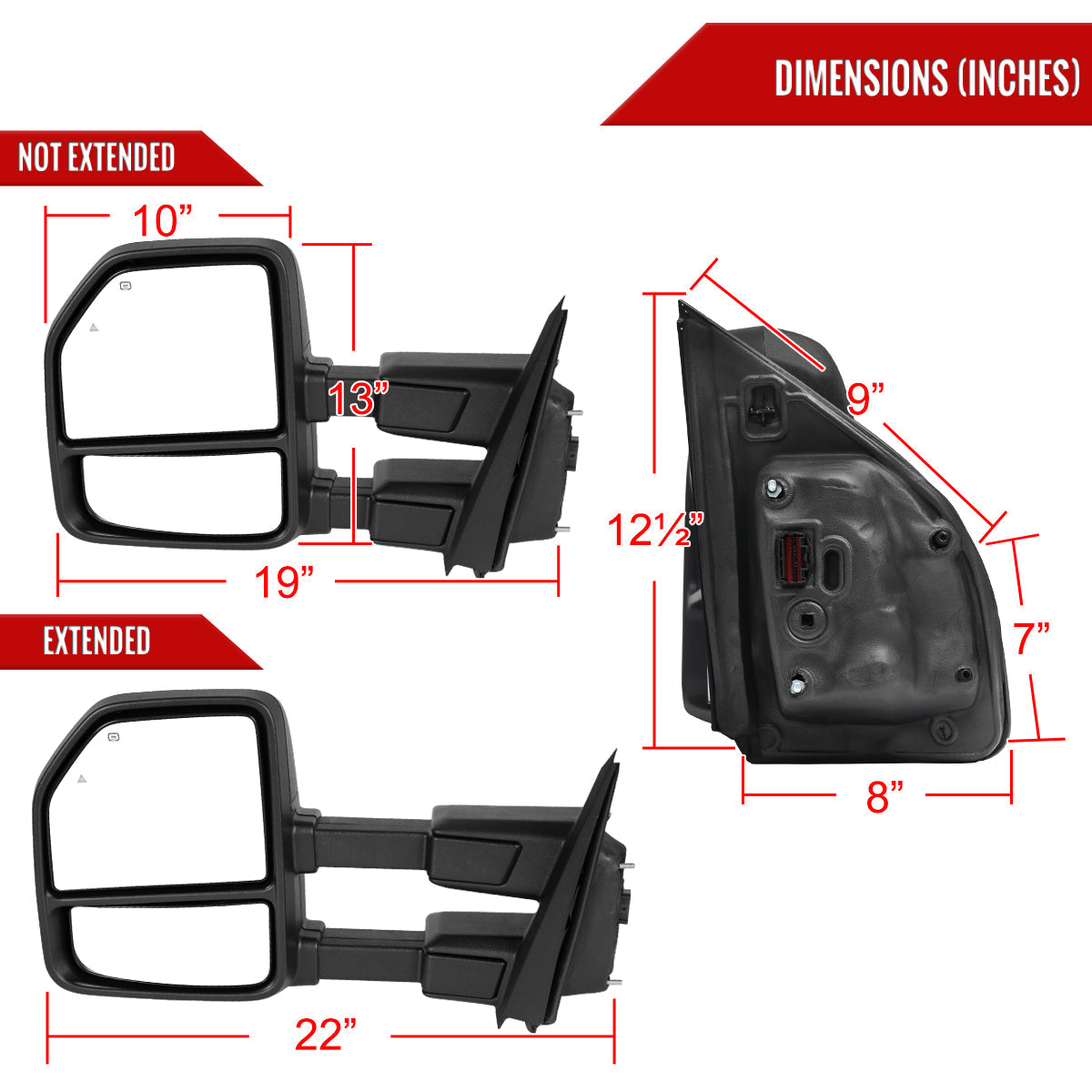 2021-2025 Ford F150 F250 Power Adjustable, Heated, & Manual Extendable Towing Mirrors w/ Smoked Lens LED Turn Signal & Puddle Lights