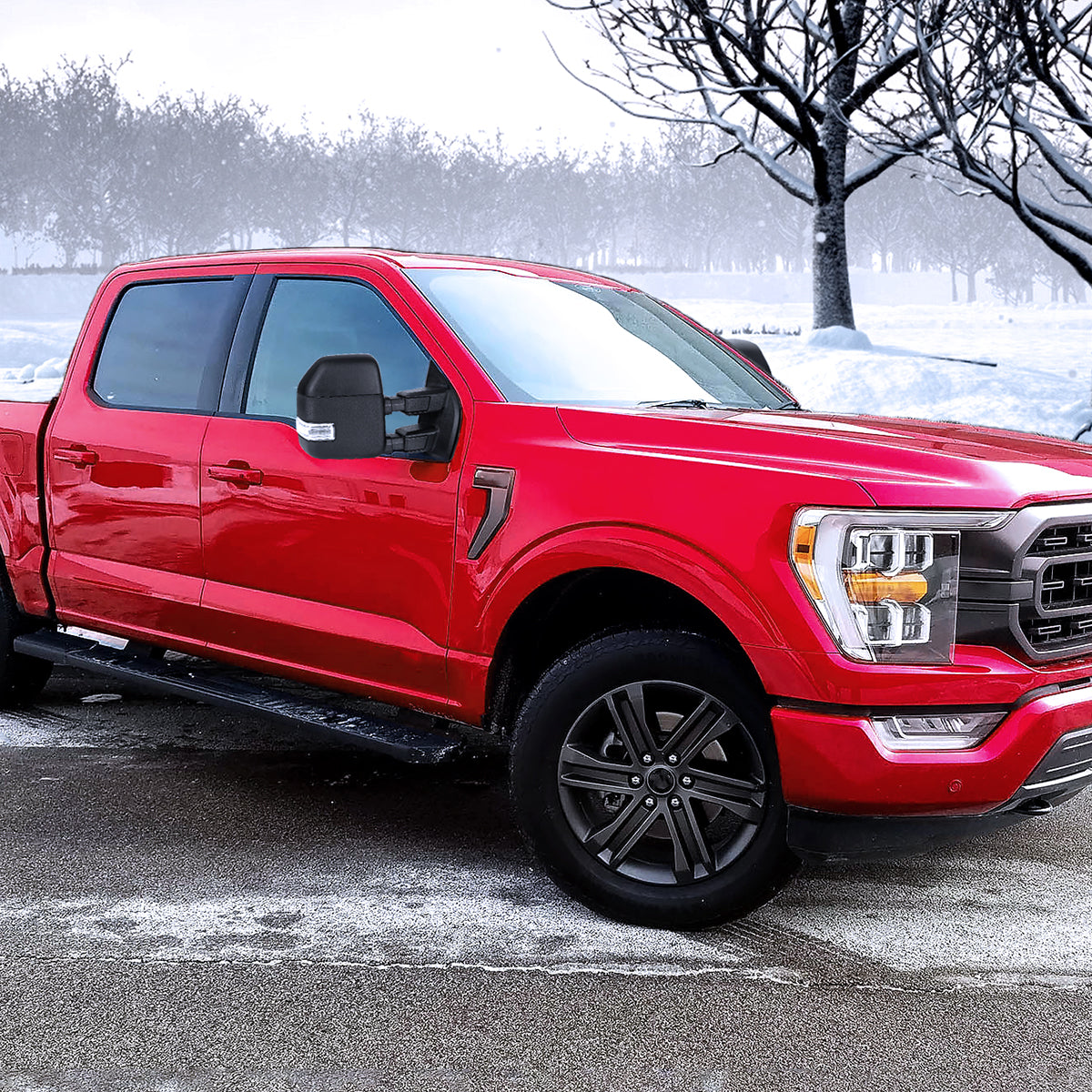 2021-2025 Ford F150 F250 Power Adjustable, Heated, & Manual Extendable Towing Mirrors w/ Clear Lens LED Turn Signal & Puddle Lights