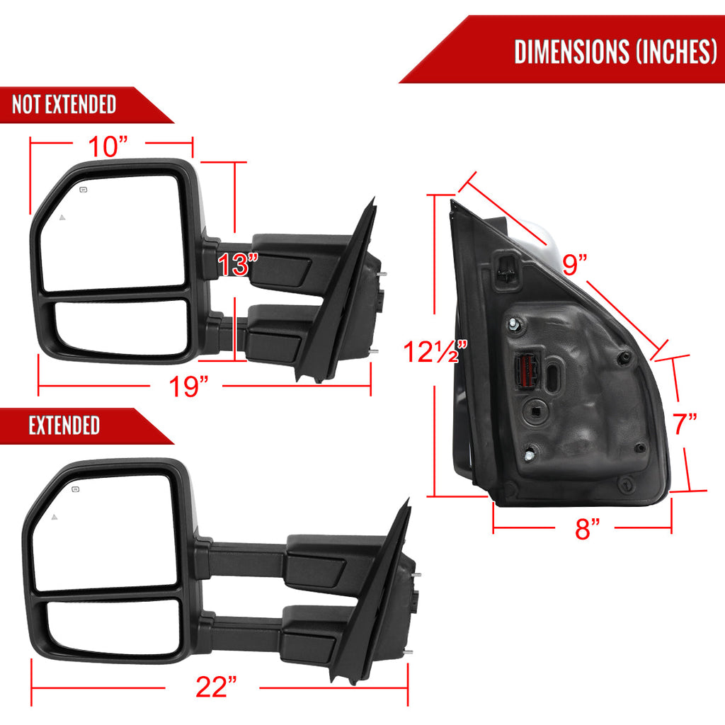 2021-2025 Ford F-150 F-250 Power Adjustable, Heated, & Manual Extendable Towing Mirrors w/ Clear Lens LED Turn Signal, Clearance, Puddle, & Auxiliary Lights