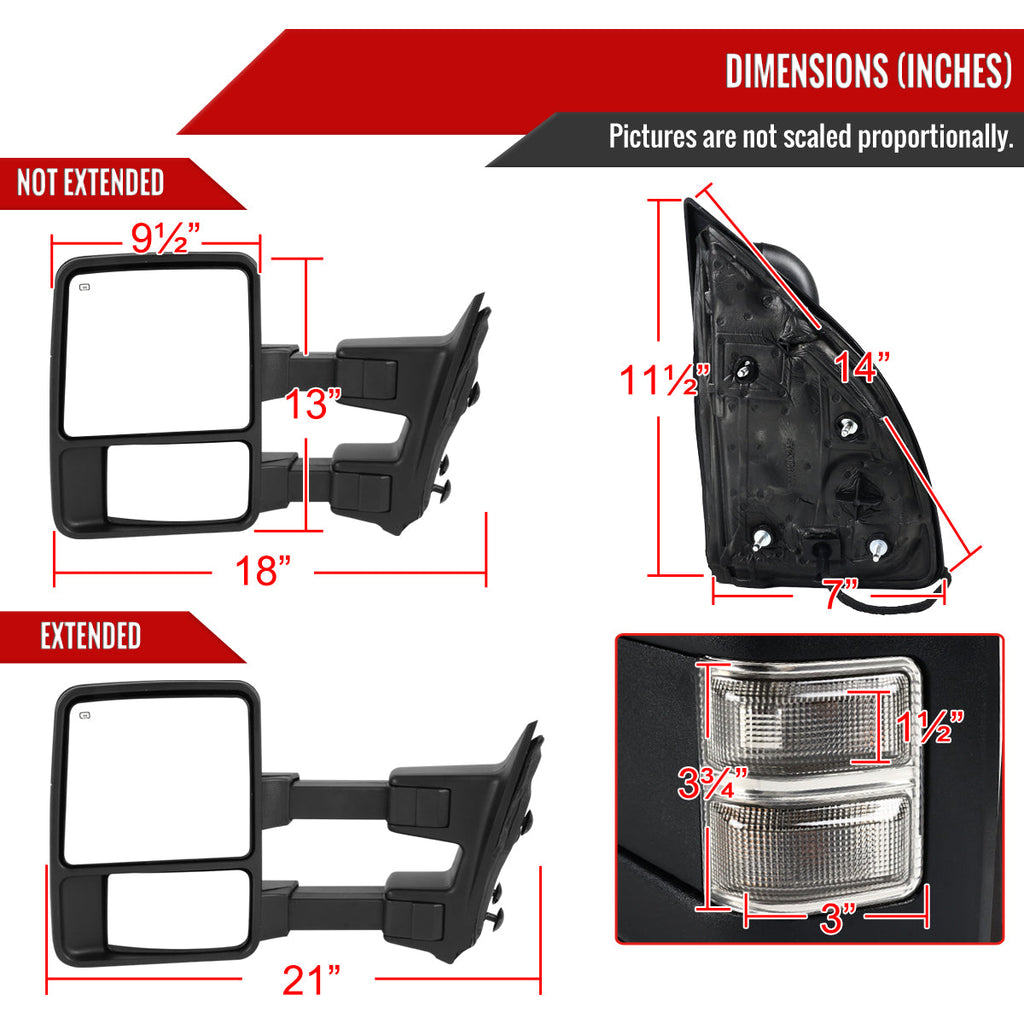1999-2016 Ford F-250/F-350/F-450/F-550 Manual Adjustable & Extendable Towing Mirrors w/ Smoked Lens Turn Signal Lights