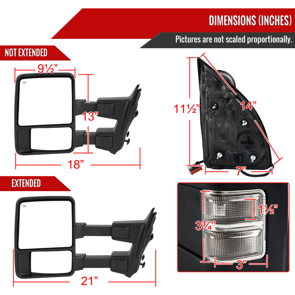 2008-2016 Ford F-250/F-350/F-450/F-550 Power Adjustable, Heated, & Manual Extendable Towing Mirrors w/ Smoked Lens Turn Signal Lights