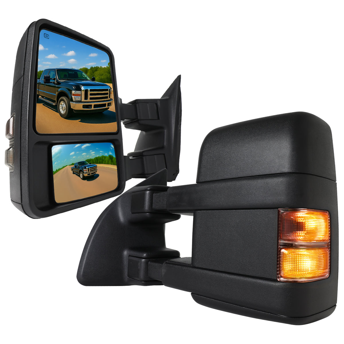 2008-2016 Ford F-250/F-350/F-450/F-550 Power Adjustable, Heated, & Manual Extendable Towing Mirrors w/ Smoked Lens Turn Signal Lights