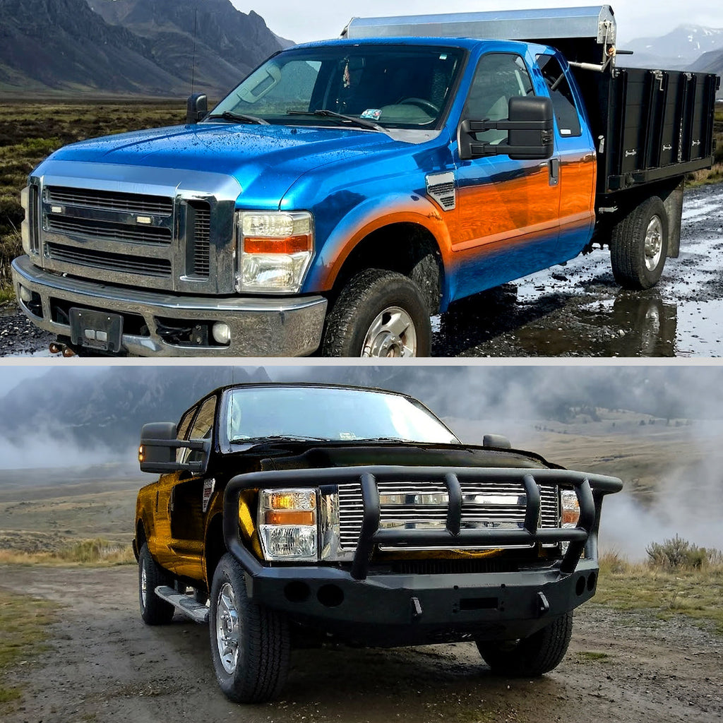2008-2016 Ford F-250 / F-350 / F-450 / F-550 Black Power Adjustable, Heated, & Manual Extendable Towing Mirrors w/ Smoked Lens Turn Signal Lights