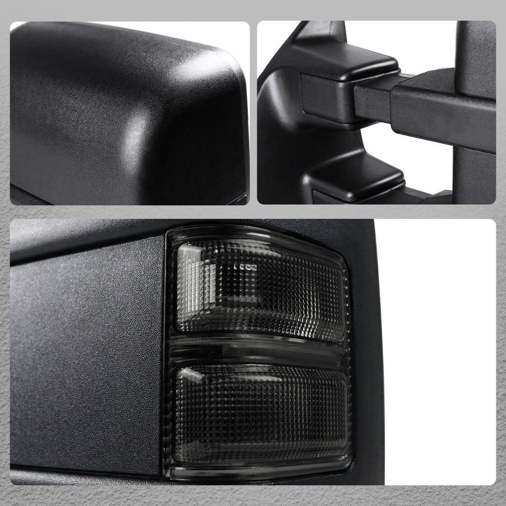 2008-2016 Ford F-250 / F-350 / F-450 / F-550 Black Power Adjustable, Heated, & Manual Extendable Towing Mirrors w/ Smoked Lens Turn Signal Lights