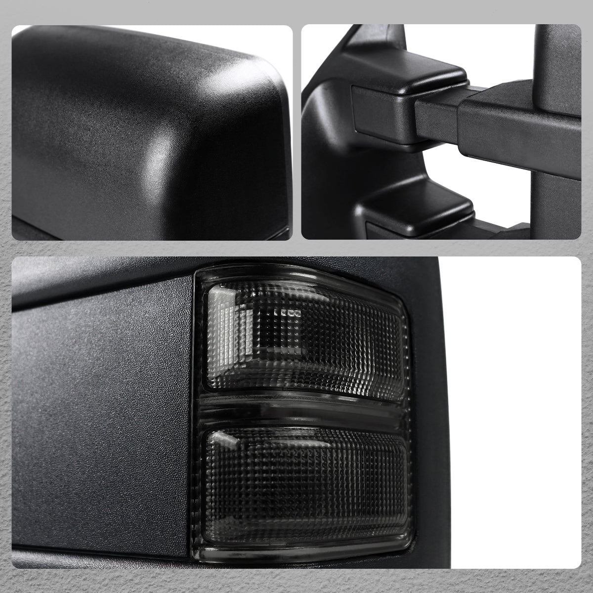 2008-2016 Ford F-250 / F-350 / F-450 / F-550 Black Power Adjustable, Heated, & Manual Extendable Towing Mirrors w/ Smoked Lens Turn Signal Lights