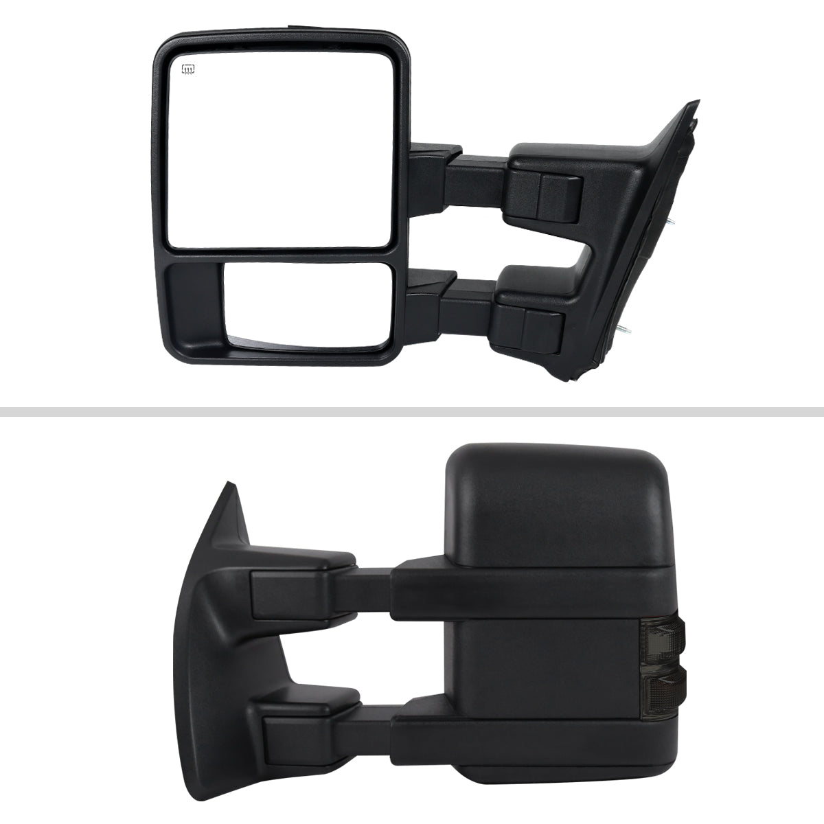2008-2016 Ford F-250 / F-350 / F-450 / F-550 Black Power Adjustable, Heated, & Manual Extendable Towing Mirrors w/ Smoked Lens Turn Signal Lights