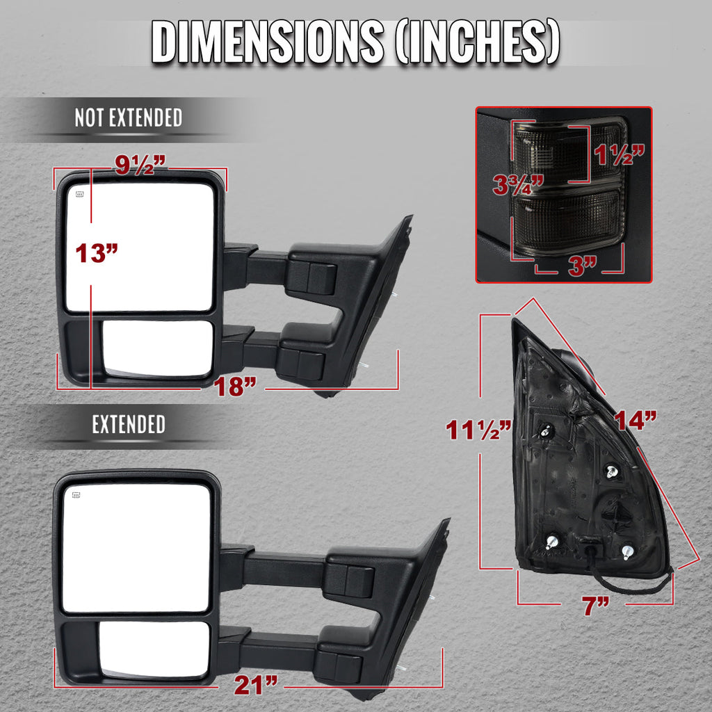 2008-2016 Ford F-250 / F-350 / F-450 / F-550 Black Power Adjustable, Heated, & Manual Extendable Towing Mirrors w/ Smoked Lens Turn Signal Lights