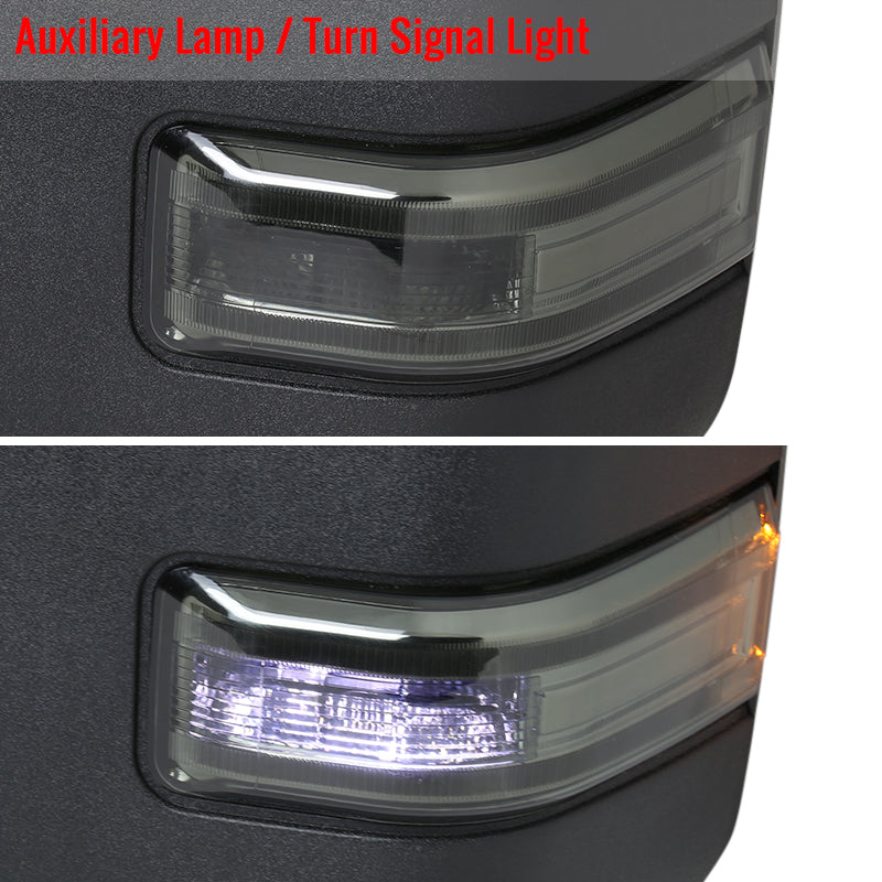 2017-2019 Ford F-250/F-350/F-450/F-550 Super Duty Power Adjustable, Heated, BSM, ATS, & Manual Extendable Towing Mirrors w/ Smoked Lens LED Turn Signal, Clearance, & Auxiliary Lights