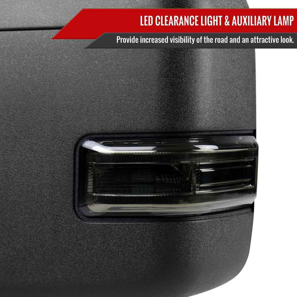 2017-2019 Ford F-250/F-350/F-450/F-550 Super Duty Power Adjustable, Heated, BSM, ATS, & Manual Extendable Towing Mirrors w/ Smoked Lens LED Turn Signal, Clearance, & Auxiliary Lights