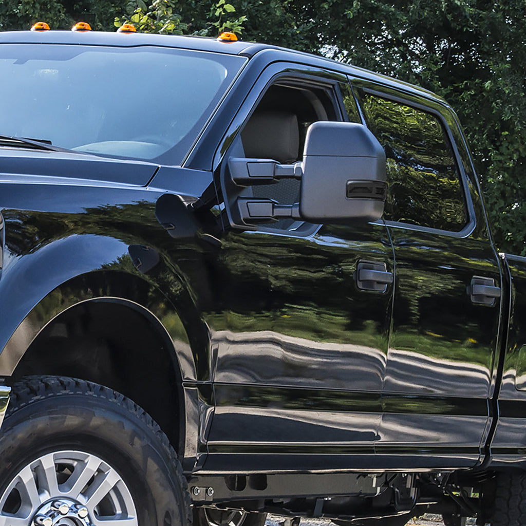 2017-2019 Ford F-250/F-350/F-450/F-550 Super Duty Power Adjustable, Heated, BSM, ATS, & Manual Extendable Towing Mirrors w/ Smoked Lens LED Turn Signal, Clearance, & Auxiliary Lights