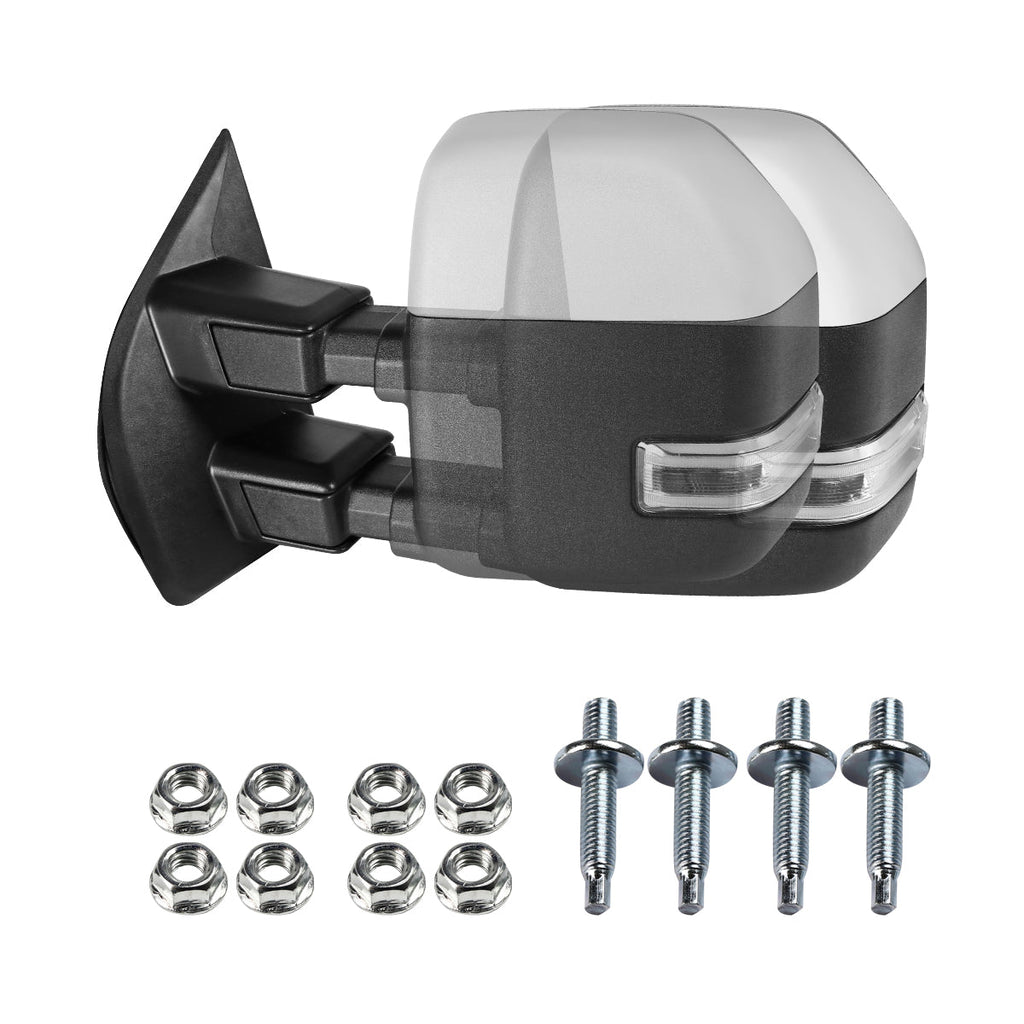 2017-2019 Ford F-250/F-350/F-450/F-550 Power Adjustable, Heated, BSM, ATS Chrome Towing Mirrors w/ Clear Lens Sequential LED Turn Signal, Clearance, & Auxiliary Lights
