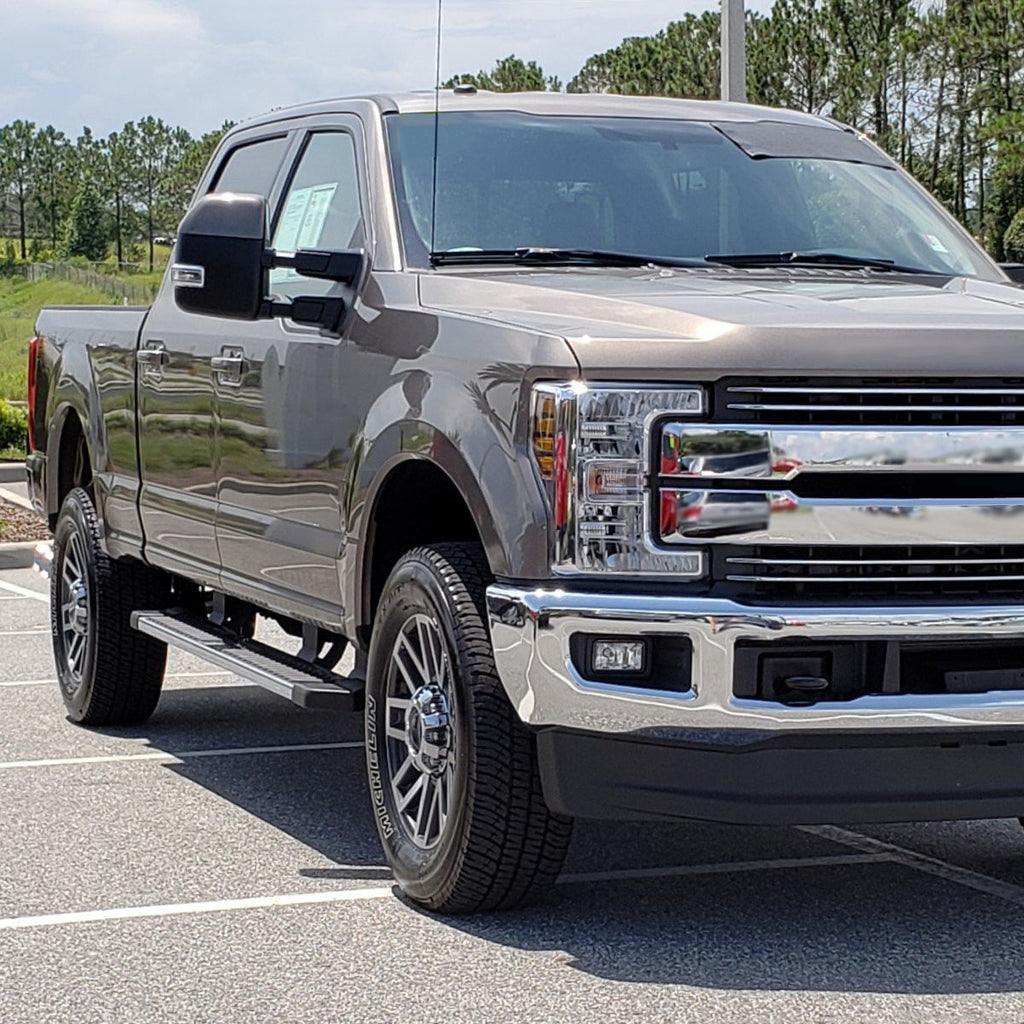 2017-2019 Ford F-250/F-350/F-450/F-550 Power Adjustable, Heated, BSM, ATS Chrome Towing Mirrors w/ Clear Lens Sequential LED Turn Signal, Clearance, & Auxiliary Lights