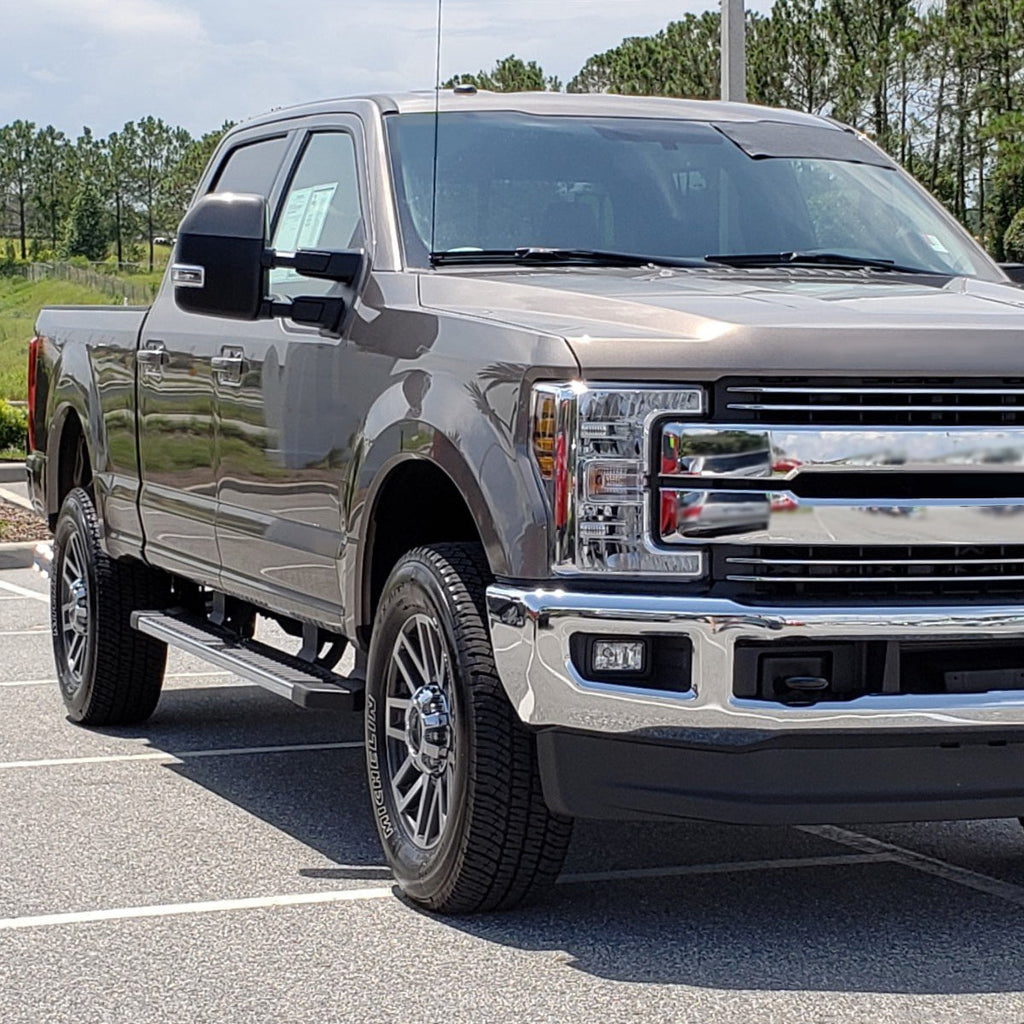 2017-2019 Ford F-250/F-350/F-450/F-550 Power Adjustable, Heated, BSM, ATS Chrome Towing Mirrors w/ Clear Lens Sequential LED Turn Signal, Clearance, & Auxiliary Lights