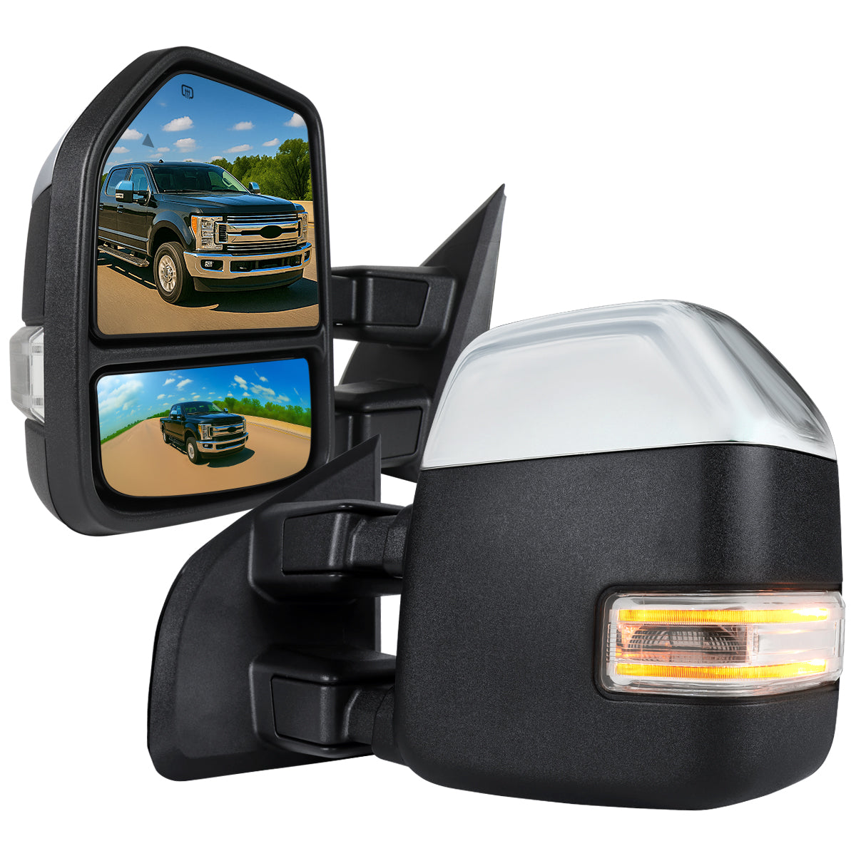 2017-2019 Ford F-250/F-350/F-450/F-550 Power Adjustable, Heated, BSM, ATS Chrome Towing Mirrors w/ Clear Lens Sequential LED Turn Signal, Clearance, & Auxiliary Lights
