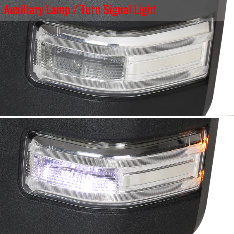 2017-2019 Ford F-250/F-350/F-450/F-550 Power Adjustable, Heated, BSM, ATS, & Manual Extendable Towing Mirrors w/ Clear Lens LED Turn Signal, Clearance, & Auxiliary Lights
