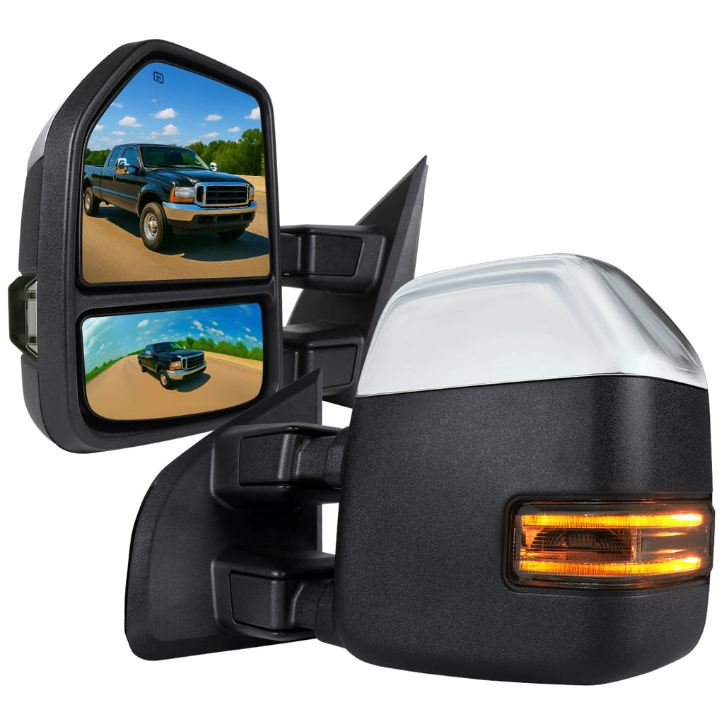 1999-2016 Ford F-250/F-350/F-450 Power Adjustable, Heated, & Manual Extendable Chrome Towing Mirrors w/ Smoked Lens LED Turn Signal & Clearance Lights