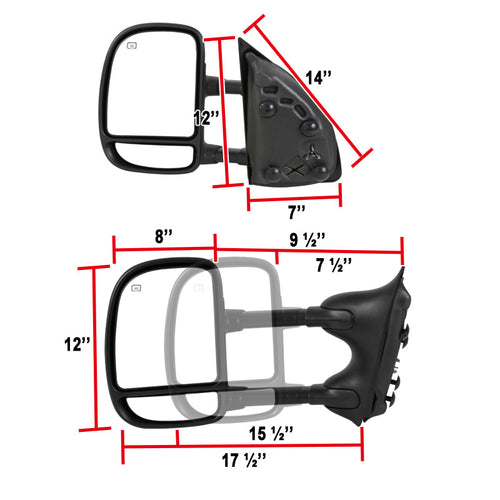 1999-2007 Ford F-250/F-350/F-450/F-550 Excursion Power Adjustable, Heated, & Manual Extendable Towing Mirrors