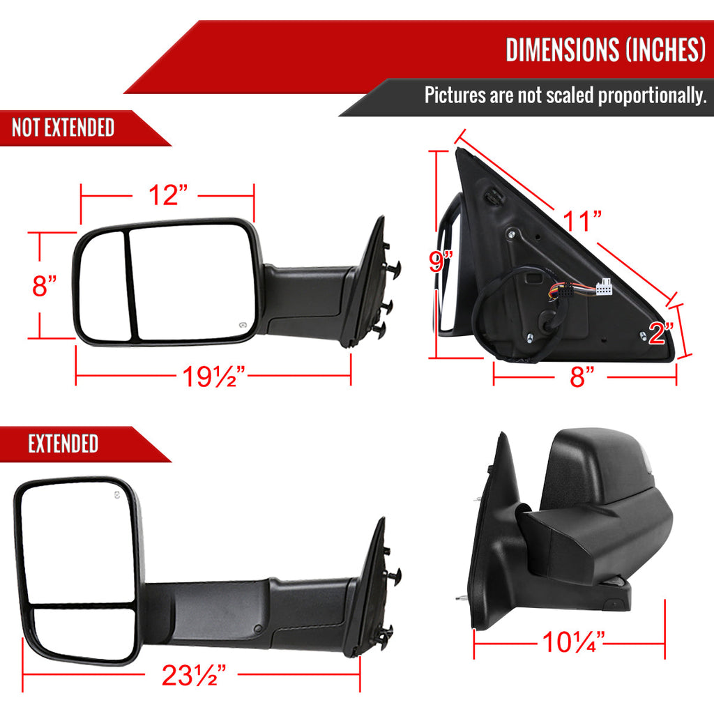 2013-2017 Dodge RAM 1500/2500/3500 Power Adjustable, Auto-Fold, Heated, ATS, & Manual Extendable Black Side Mirrors w/ LED Turn Signal & Puddle Lights