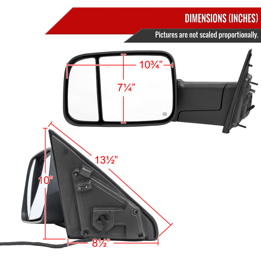 2019-2024 Dodge Ram 1500 Matte Black Power Plane Mirror w/ Manual Convex Mirror, Power Fold w/ Manual Rotate, BSD, Heated Plane Mirror and LED Turn Signal Light