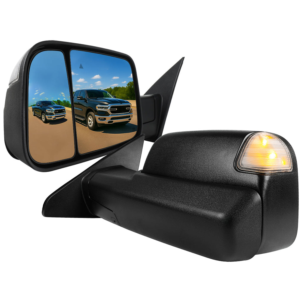 2019-2024 Dodge Ram 1500 Matte Black Power Plane Mirror w/ Manual Convex Mirror, Power Fold w/ Manual Rotate, BSD, Heated Plane Mirror and LED Turn Signal Light