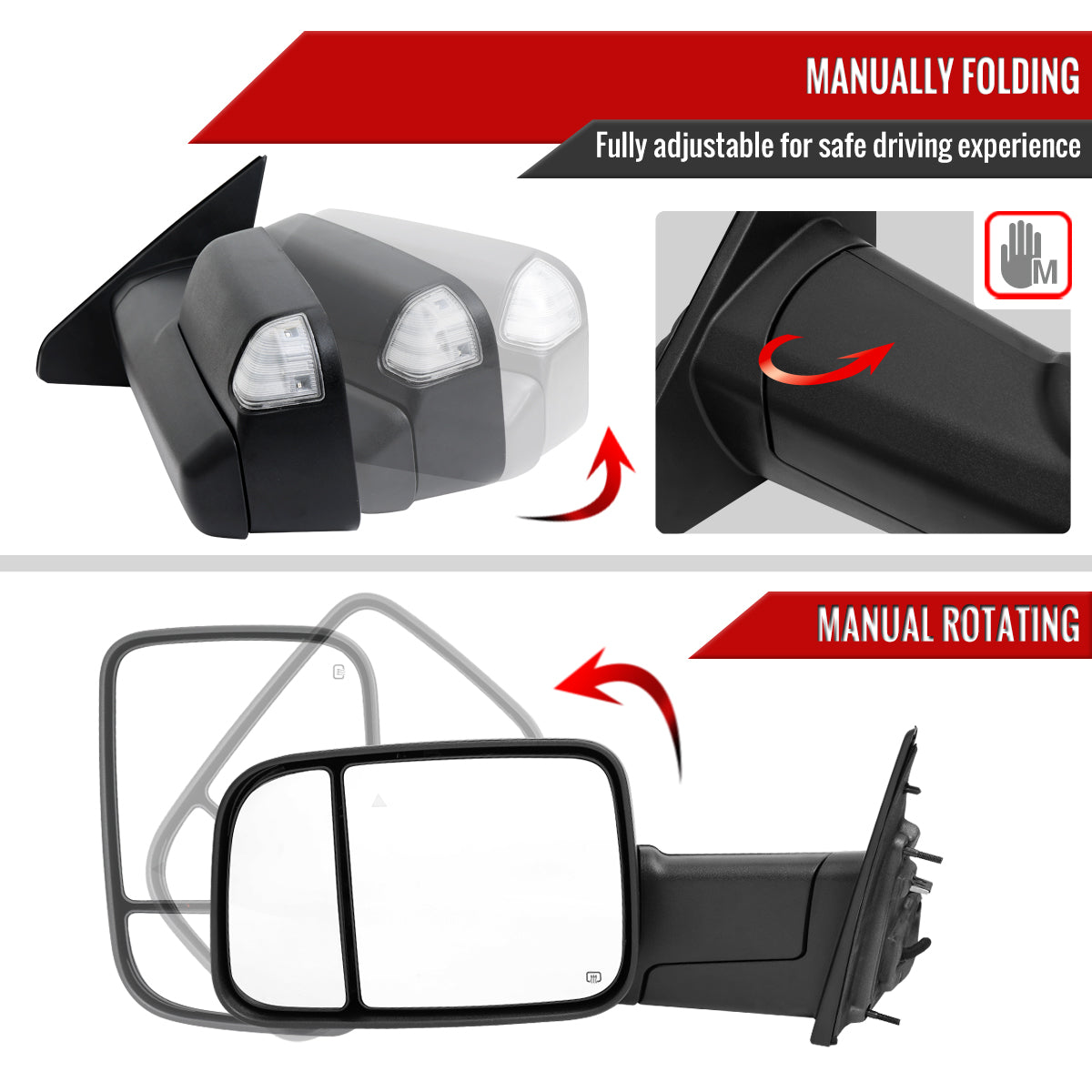 2019-2024 Dodge Ram 1500 Matte Black Power Plane Mirror w/ Manual Convex Mirror, Manual Fold & Rotate, BSD, Heated Plane Mirror and LED Turn Signal Light