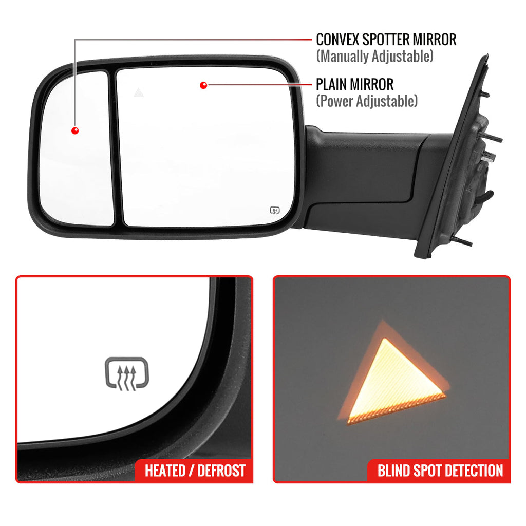2019-2024 Dodge Ram 1500 Matte Black Power Plane Mirror w/ Manual Convex Mirror, Manual Fold & Rotate, BSD, Heated Plane Mirror and LED Turn Signal Light