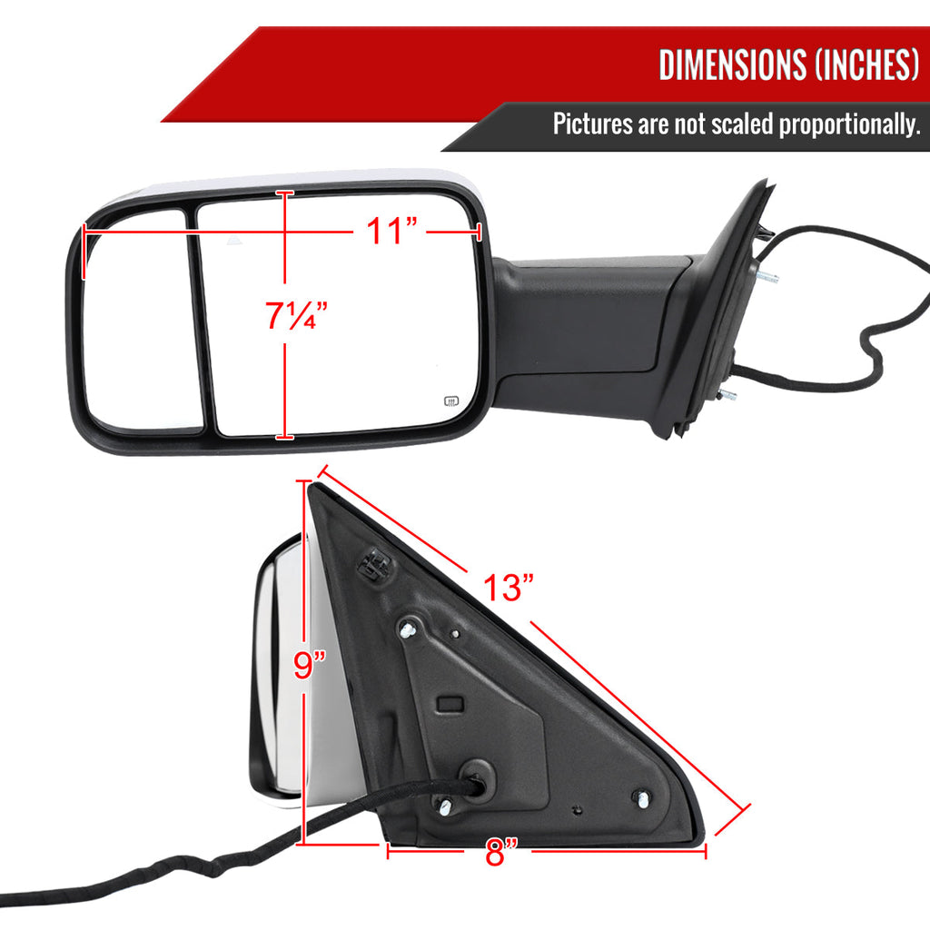 2019-2022 Ram 2500 3500 Chrome Power Adjustable, Auto-Fold, BSD & Heated Side Mirror w/ LED Puddle and Turn Signal Light - Driver Side Only