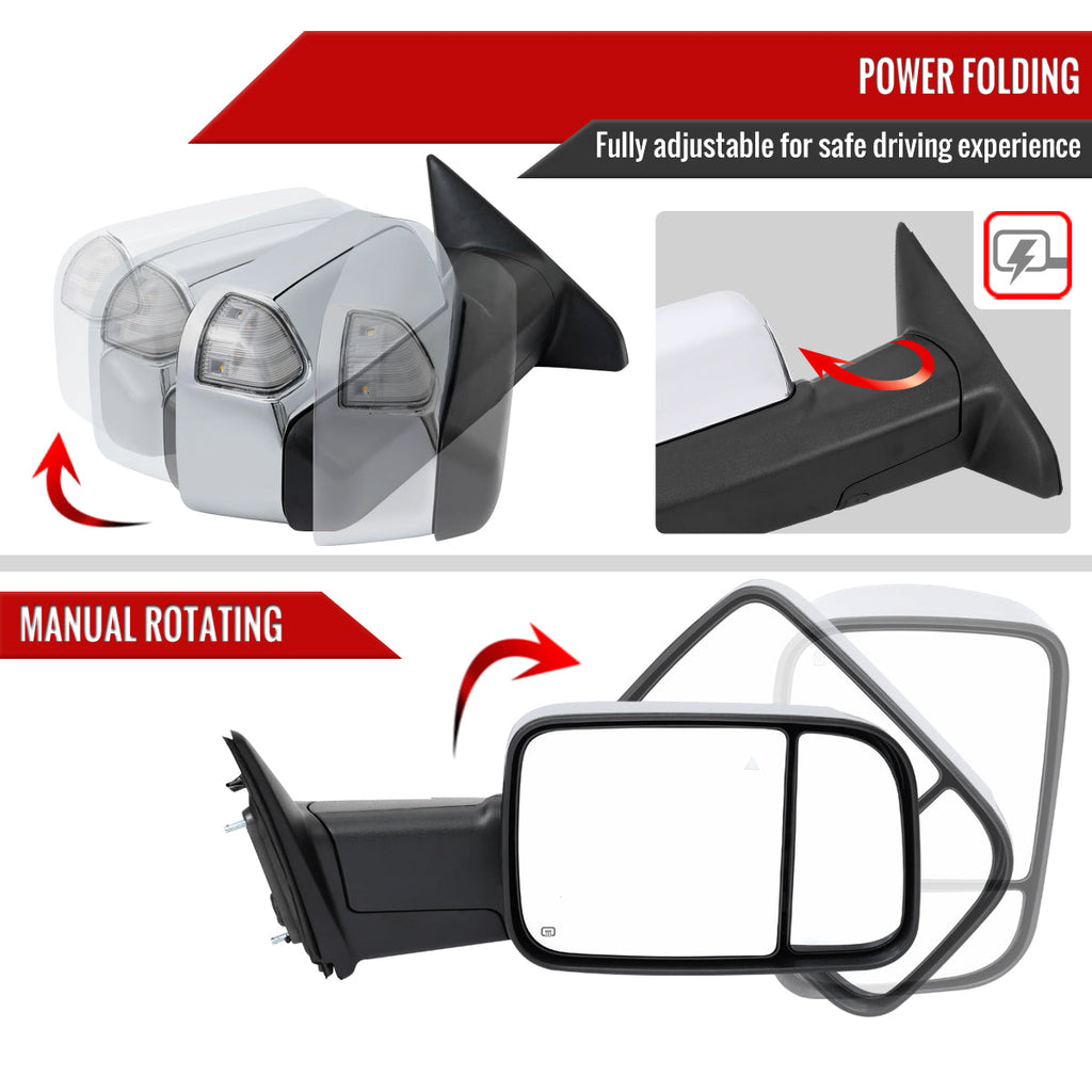 2019-2022 Ram 2500 3500 Chrome Power Adjustable, Auto-Fold, BSD & Heated Side Mirror w/ LED Puddle and Turn Signal Light - Passenger Side Only