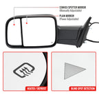 2019-2022 Ram 2500 3500 Black Power Adjustable, Manual Fold, BSD & Heated Side Mirror w/ LED Puddle and Turn Signal Light - Driver Side Only