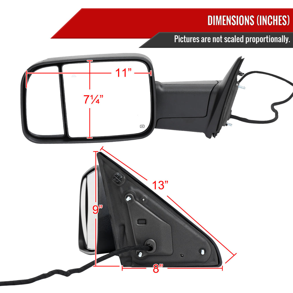 2019-2022 Ram 2500 3500 Black Power Adjustable, Manual Fold, BSD & Heated Side Mirror w/ LED Puddle and Turn Signal Light - Driver Side Only