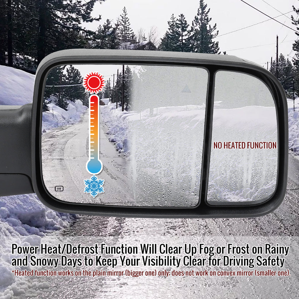 2019-2022 Ram 2500 3500 Black Power Adjustable, Manual Fold, BSD & Heated Side Mirror w/ LED Puddle and Turn Signal Light - Passenger Side Only