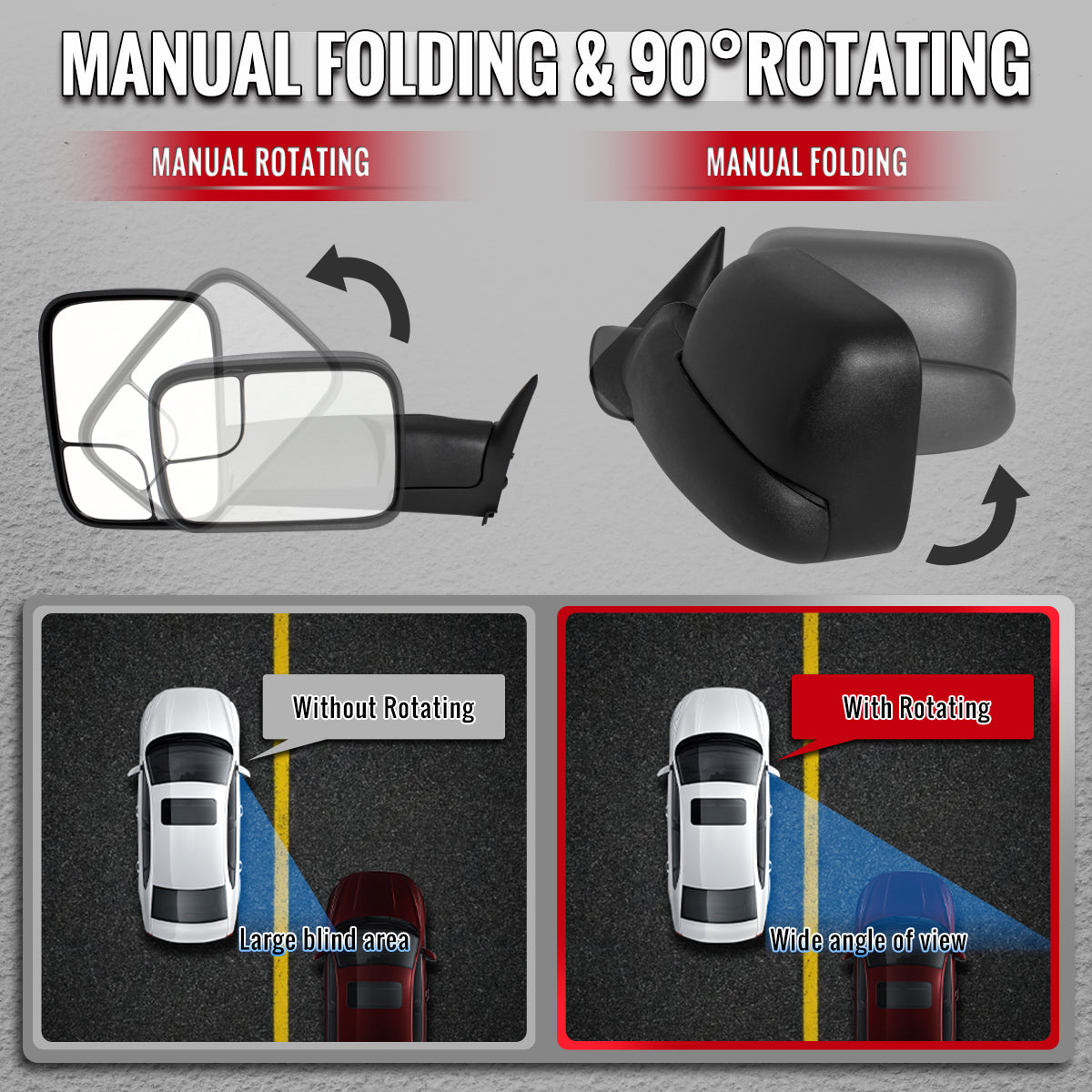 1994-1997 Dodge RAM 1500 / 2500 / 3500 Black Power Adjustable, Manual Fold & Extendable Towing Mirrors