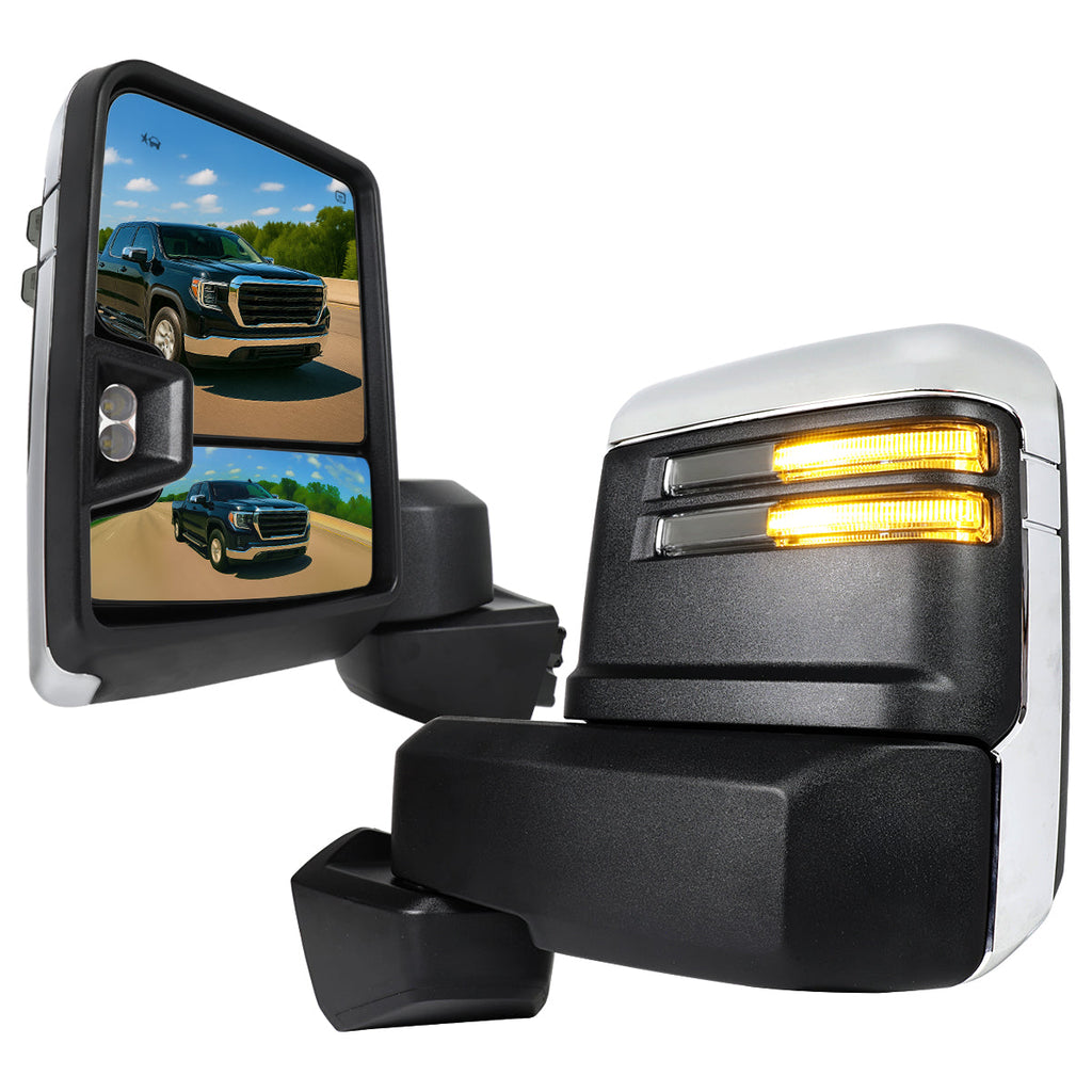 2019-2025 GMC Sierra 1500 Power Adjustable, Heated, & Manual Extendable Chrome Towing Mirrors w/ Smoked Lens LED Turn Signal & Clearance Lights